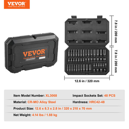 VEVOR Impact Sockets Set 48pcs 6-Point 1/4" Drive Bit Ratchet Tool Kit Case