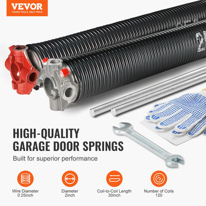 VEVOR Garage Door Torsion Springs, 16000 Cycles, Pair of 0.25 x 2 x 30inch, Garage Door Springs with Non-Slip Winding Bars, Mounting Tool and Gloves, Electrophoresis Coated, for Replacement