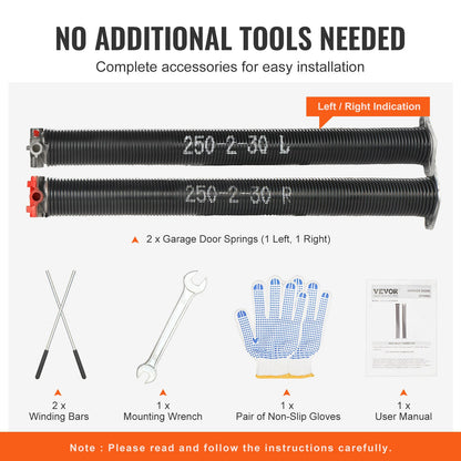 VEVOR Garage Door Torsion Springs, 16000 Cycles, Pair of 0.25 x 2 x 30inch, Garage Door Springs with Non-Slip Winding Bars, Mounting Tool and Gloves, Electrophoresis Coated, for Replacement
