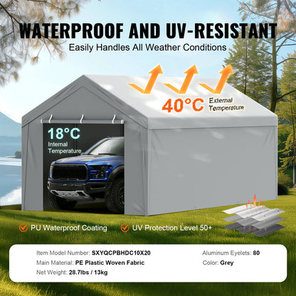 Carport Replacement Canopy Cover Top + Side Wall 10 x 20 ft, Garage Tent Shelter Tarp Heavy-Duty Waterproof & UV Protected, Easy Installation with Ball Bungees,White (Frame Not Included)