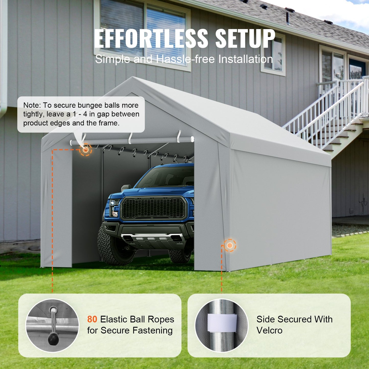 Carport Replacement Canopy Cover Top + Side Wall 10 x 20 ft, Garage Tent Shelter Tarp Heavy-Duty Waterproof & UV Protected, Easy Installation with Ball Bungees,White (Frame Not Included)