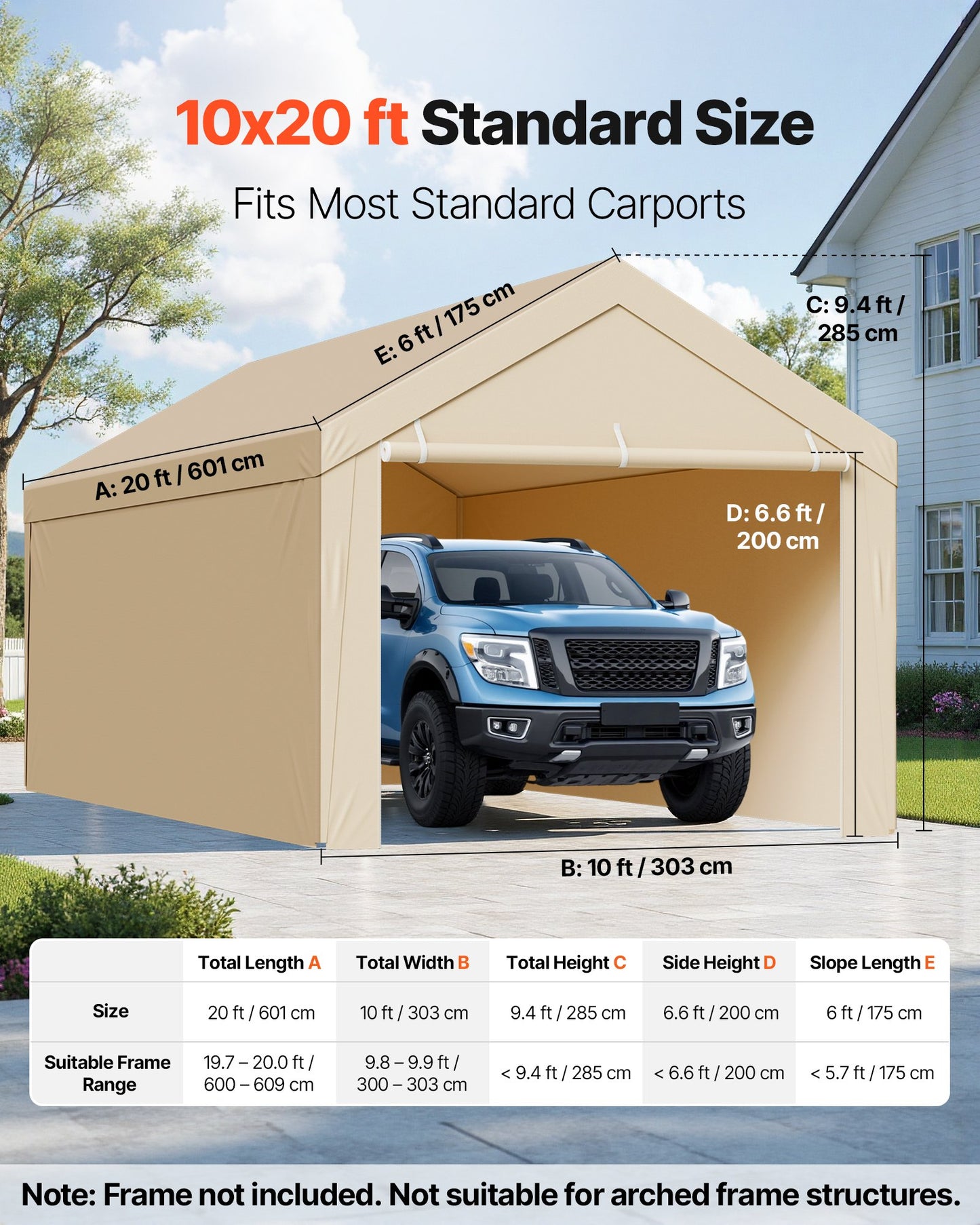 Carport Replacement Canopy, 6 x 3 m Potable Garage Tent Top Tarp with Sidewalls, UV-Resistant & Waterproof, Heavy Duty Car Shelter Tarp with Ball Buggees, Beige, Frame Not Included