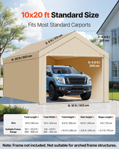 Carport Replacement Canopy, 6 x 3 m Potable Garage Tent Top Tarp with Sidewalls, UV-Resistant & Waterproof, Heavy Duty Car Shelter Tarp with Ball Buggees, Beige, Frame Not Included