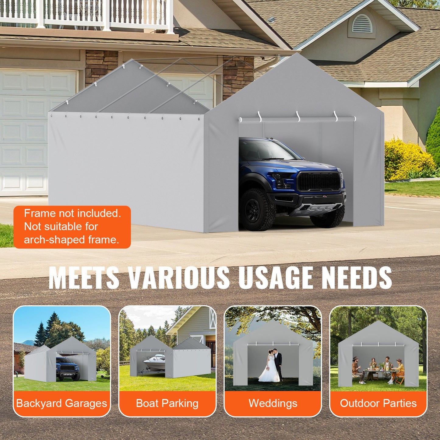 Carport Replacement Canopy Cover Side Wall 6 x 3.6 m, Garage Tent Shelter Tarp Heavy-Duty Waterproof & UV Protected, Easy Installation with Ball Bungees,Grey (Top and Frame Not Included)