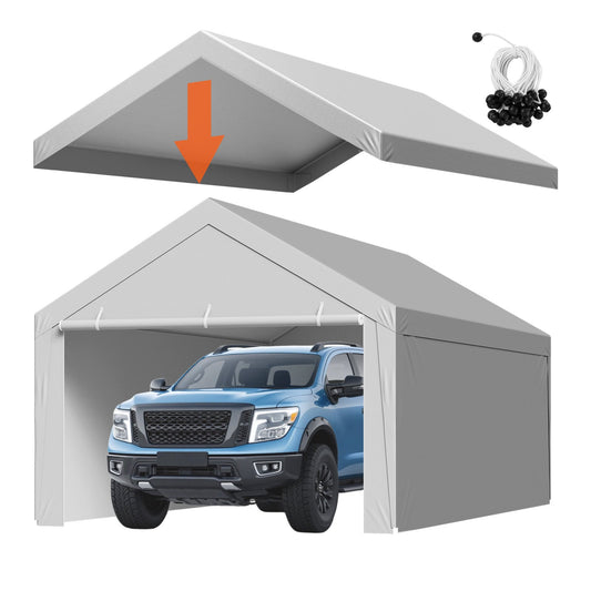 Carport Replacement Canopy, 6x 3.6 m Potable Garage Tent Top Tarp with Sidewalls, UV-Resistant & Waterproof, Heavy Duty Car Shelter Tarp with Ball Buggees, Grey, Frame Not Included