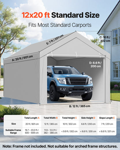 Carport Replacement Canopy, 6x 3.6 m Potable Garage Tent Top Tarp with Sidewalls, UV-Resistant & Waterproof, Heavy Duty Car Shelter Tarp with Ball Buggees, Grey, Frame Not Included