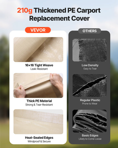 Carport Replacement Canopy, 6 x 3.6 m Potable Garage Tent Top Tarp, UV-Resistant & Waterproof Car Shelter Tarp, Heavy Duty Car Port Cover with Ball Buggees, Beige, Frame Not Included