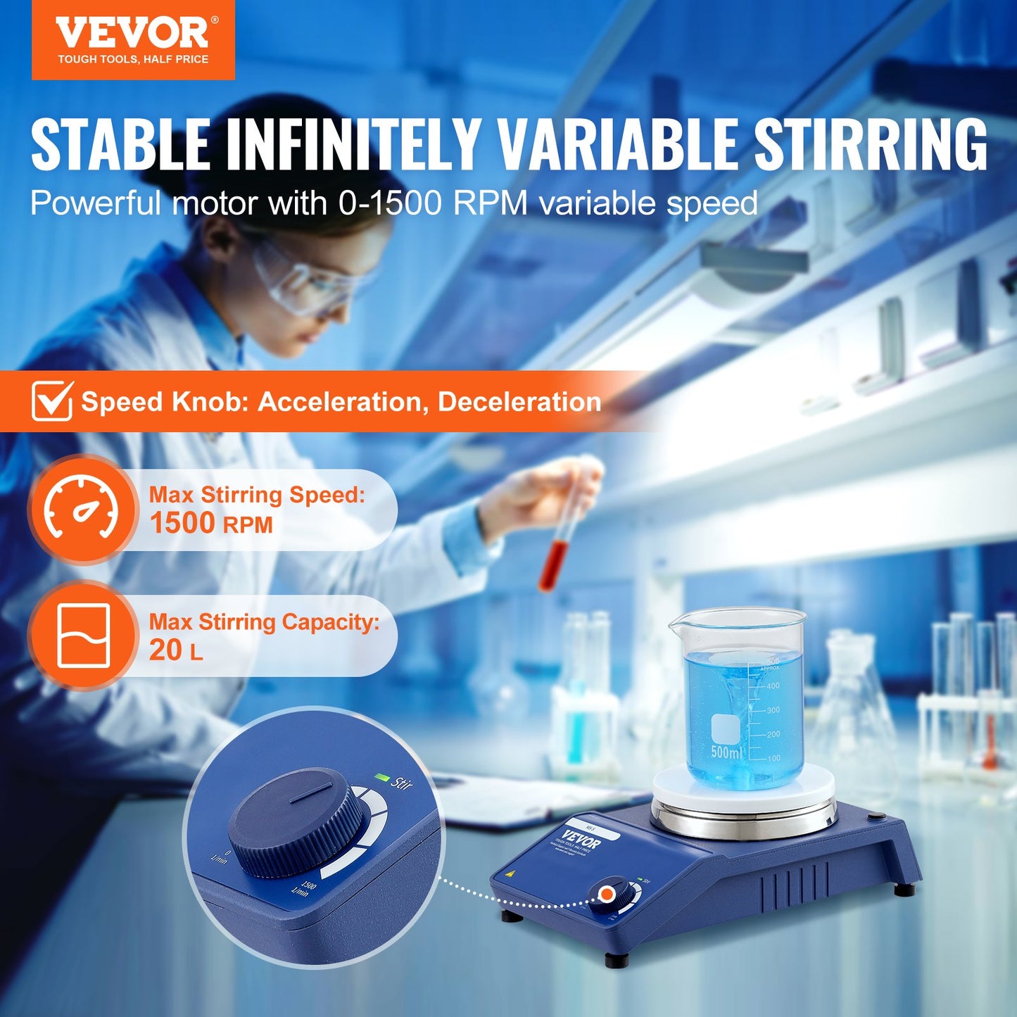 VEVOR Magnetic Stirrer Stir Plate Kit 0-1500 RPM Adjustable Speed Max 22L