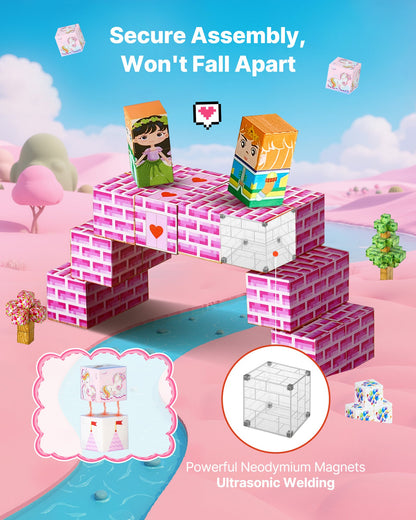 VEVOR Magnetic Blocks, 100 PCS Princess Castle Set, Magnetic Building Cubes for Kids, STEM Montessori Sensory Toys for Christmas Birthday Gift, Construction Stacking Toy for 3+ Years Old Boys & Girls