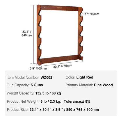 VEVOR Gun Rack, Wood Gun Rack Wall Mount, Gun Display Rack holds 5 Rifles, Shotguns, 132 lb Heavy Duty Wall Storage Display Rifle Rack with Soft Padding