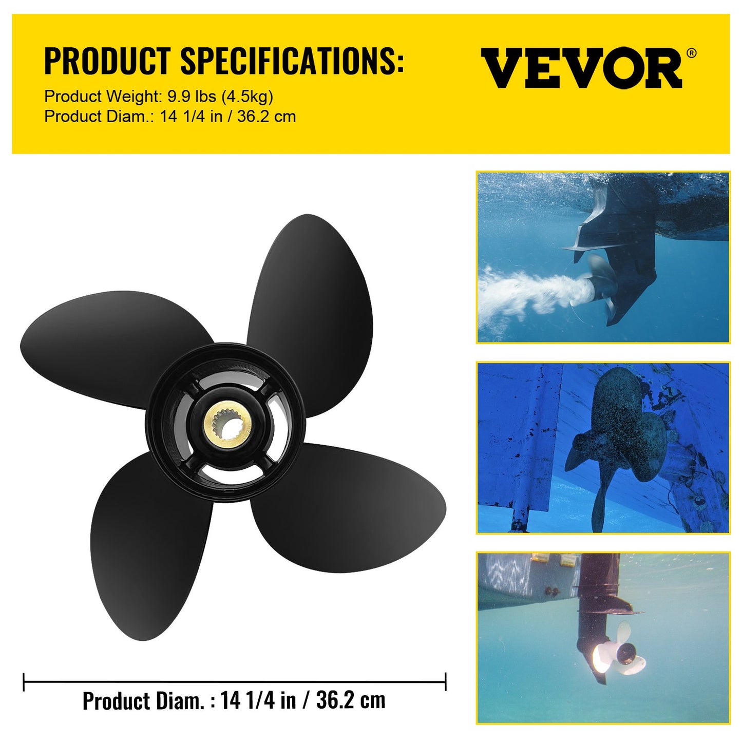 VEVOR Outboard Propeller, Replace for OEM 3587522, 4-Blade 14 1/4\" x 19\" Pitch Aluminium Boat Propeller, Compatible with Volvo Penta SX Drive All Models, with 19 Tooth Splines, RH