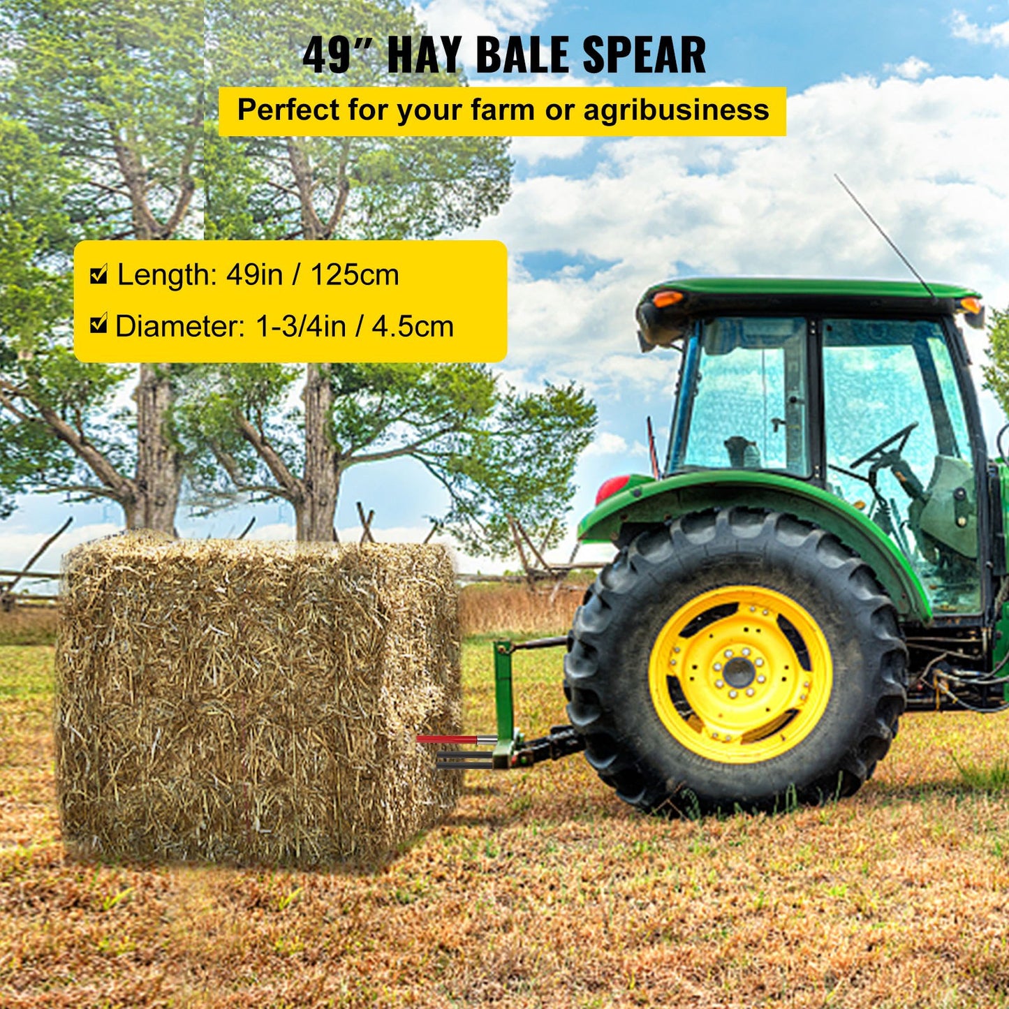 VEVOR Hay Spear 49" Bale Spear 3000 lbs Capacity, Bale Spike Quick Attach Square Hay Bale Spears, Red Coated Bale Forks, Bale Hay Spike with 2 Stabilizer Spears