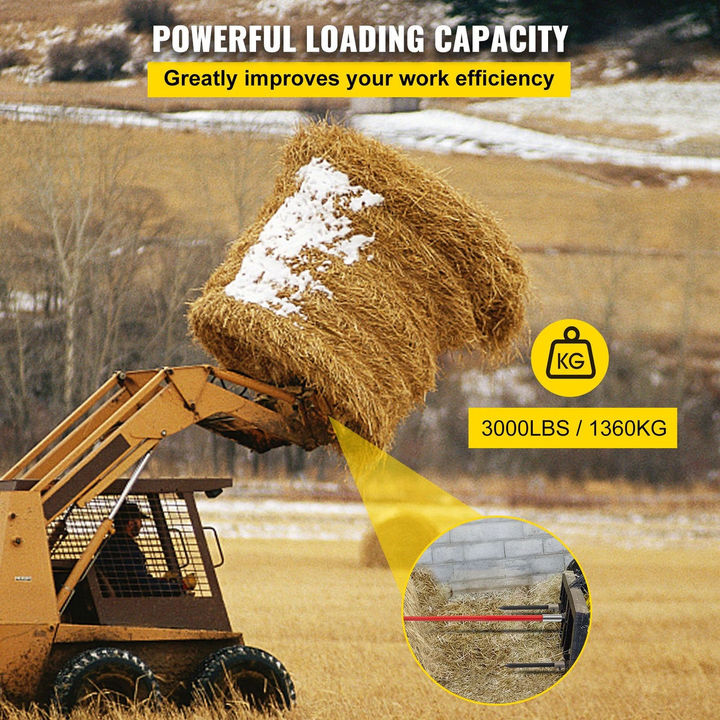 VEVOR Hay Spear 49" Bale Spear 3000 lbs Capacity, Bale Spike Quick Attach Square Hay Bale Spears, Red Coated Bale Forks, Bale Hay Spike with 2 Stabilizer Spears