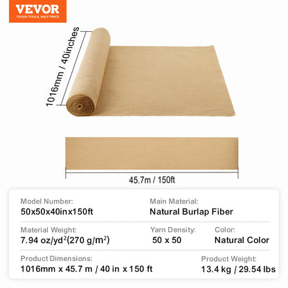 VEVOR Burlap Fabric Roll Burlap Tree Wrap 1016 mm x 45.7 m for Crafts & Plants