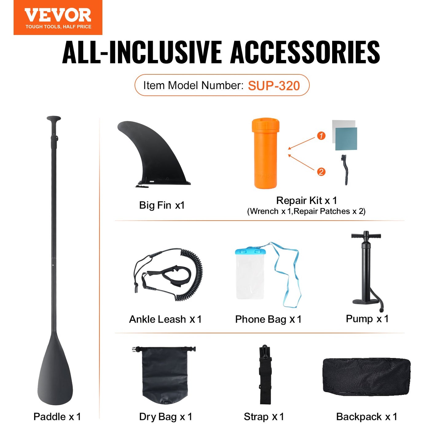 VEVOR Inflatable Stand Up Paddle Board, 3230 x 838 x 152 mm SUP Paddleboard, with Board Accessories, Pump, Paddle, Fin, Phone Bag, Backpack, Ankle Leash, Repair Kit, Non-slip Deck for Youth & Adults
