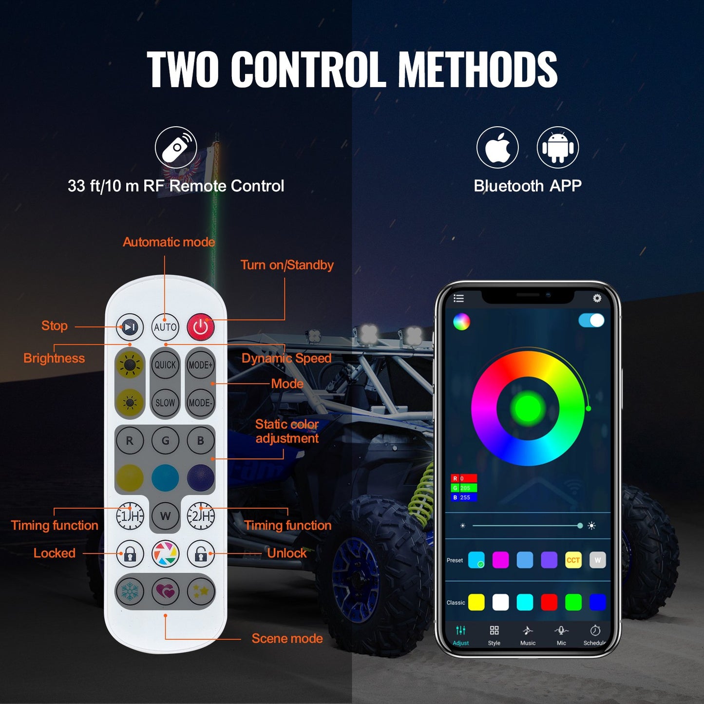 VEVOR 2 PCS 5 FT Whip Light, APP & RF Remote Control Led Whip Light, Waterproof Spiral RGB Chasing Lighted Whips with 4 Flags, for UTVs, ATVs, Motorcycles, RZR, Can-am, Trucks, Off-road, Go-karts