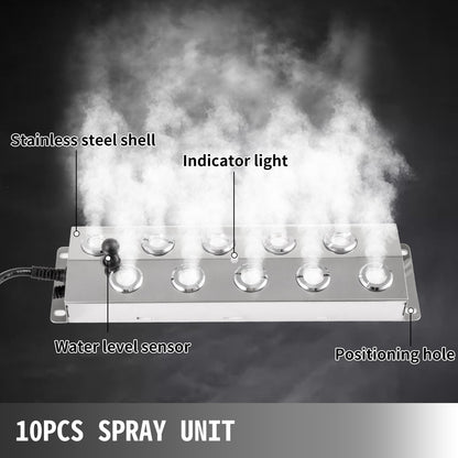 VEVOR Mist Maker 10 Head Ultrasonic Mist Fogger with Waterproof Power Supply Ultrasonic Fogger Humidifier Stainless Steel Pond Mister Fogger 5kg/h Ultrasonic Mist Humidifier for Gardening and Pond