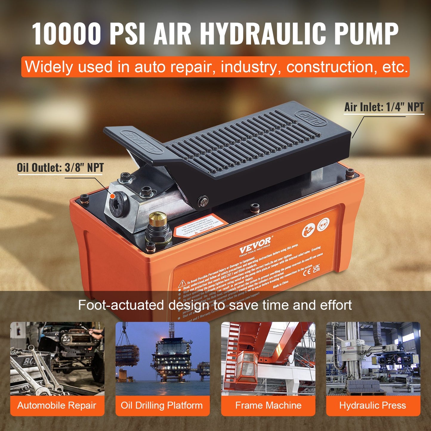 VEVOR Air Hydraulic Pump, 10,000 PSI 1/2 Gal Reservoir, NPT 3/8" Oil Outlet, NPT 1/4" Inlet, 6.6 ft Pipe, Foot Actuated Hydraulic Pump Air Treadle for Auto Body Frame Machines and Pulling Post, Orange