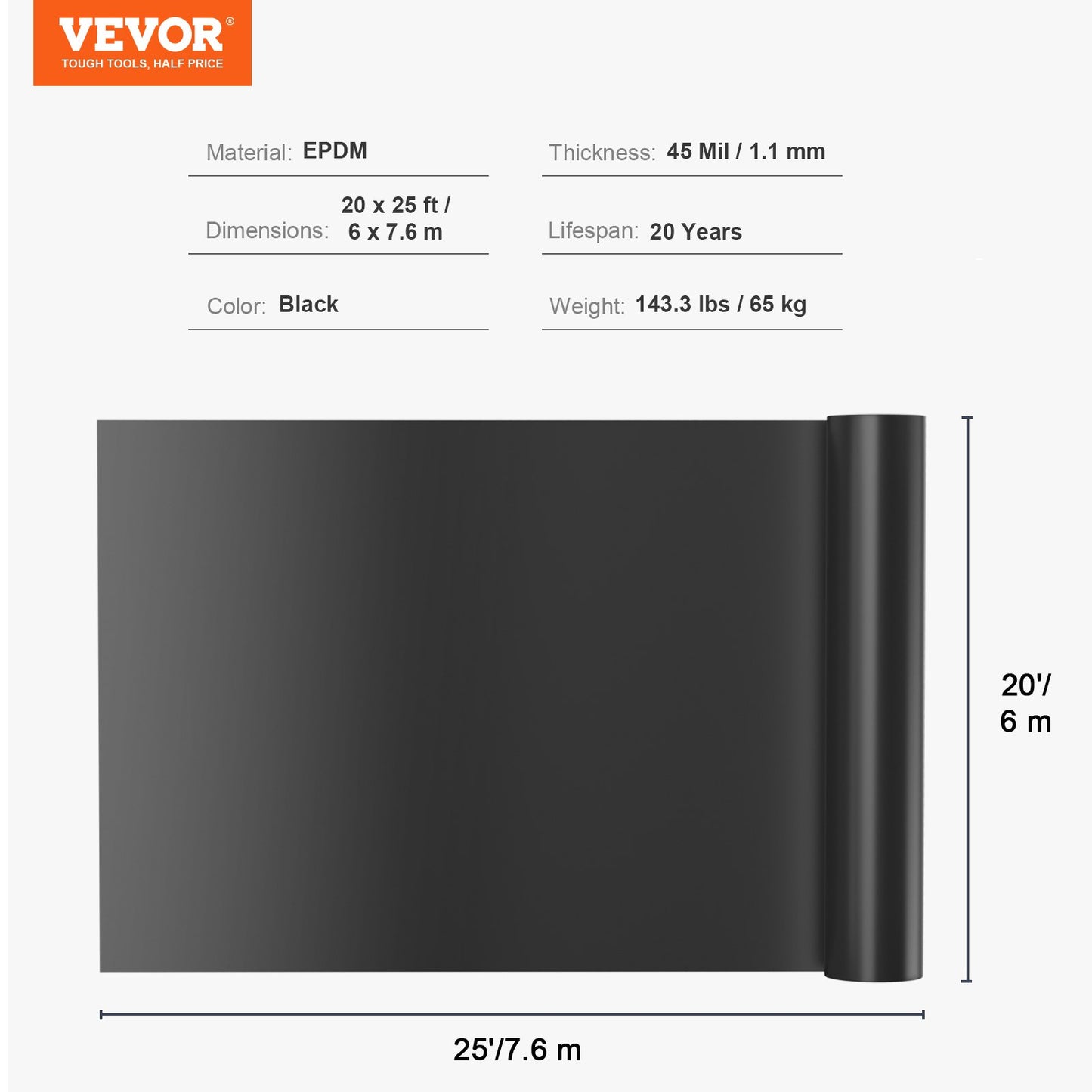 VEVOR Pond Liner, 6 x 7.6 m 45 Mil Thick, Pliable EPDM Material Pond Skins, Easy Cutting Underlayment for Fish or Koi Pond, Waterfall Base, Water Features, Water Gardens, Fountains, Black