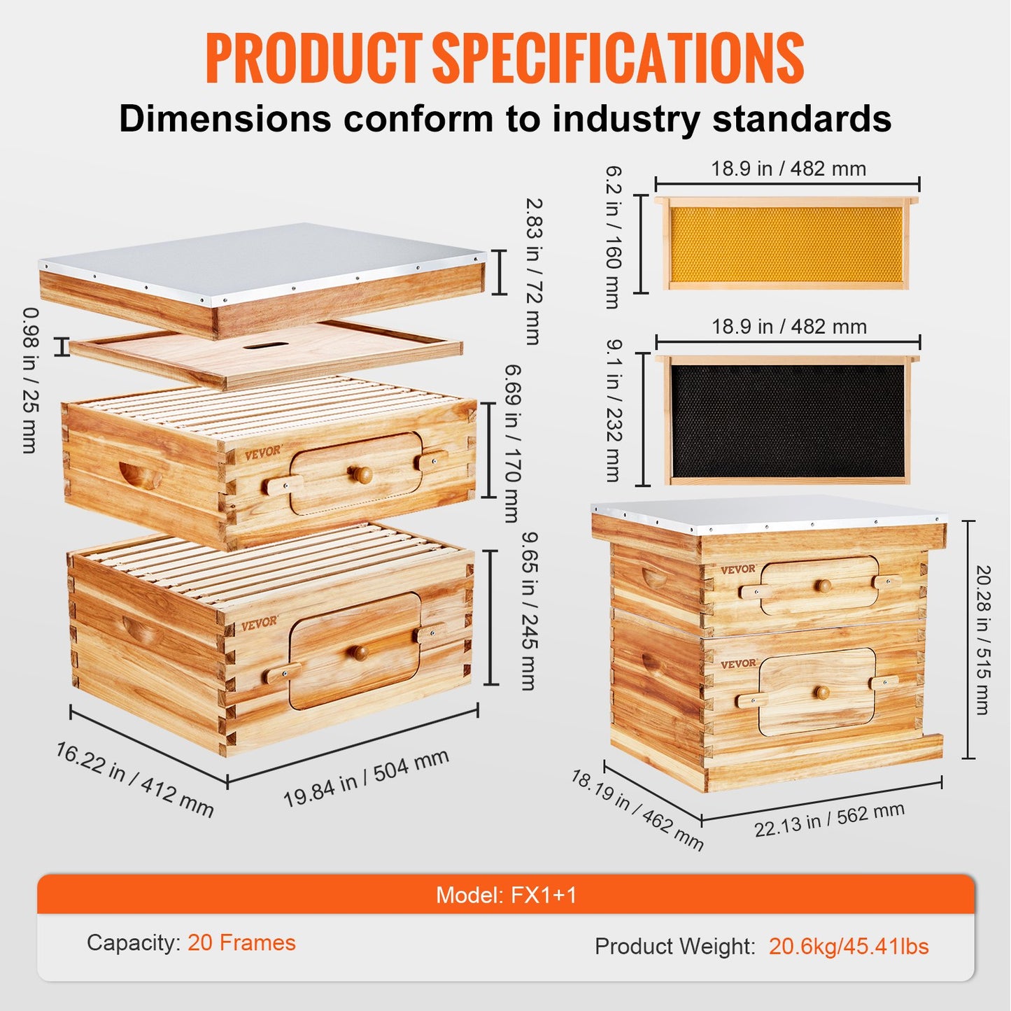 VEVOR Bee Hive 20 Frame Bee Hives Starter Kit, Beeswax Coated Cedar Wood, 1 Deep + 1 Medium Bee Boxes Langstroth Beehive Kit, Transparent Acrylic Windows with Foundations for Beginners Pro Beekeepers