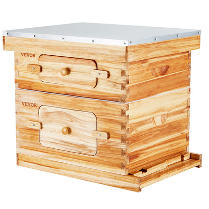 VEVOR Bee Hive 20 Frame Bee Hives Starter Kit, Beeswax Coated Cedar Wood, 1 Deep + 1 Medium Bee Boxes Langstroth Beehive Kit, Transparent Acrylic Windows with Foundations for Beginners Pro Beekeepers