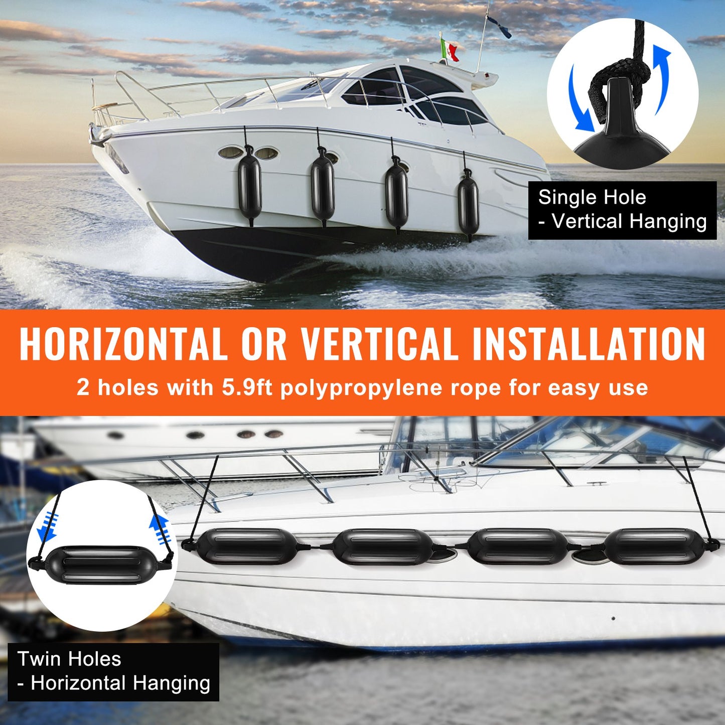 VEVOR Boat Fenders, 6.5" x 23" Boat Bumpers for Docking, Inflatable Ribbed Fender with Center Holes, Marine Boat Dock Fender Bumper with Air Pump, 4 Needles and 4 Ropes and Storage Bag, Black