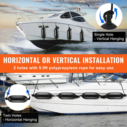 VEVOR Boat Fenders, 6.5" x 23" Boat Bumpers for Docking, Inflatable Ribbed Fender with Center Holes, Marine Boat Dock Fender Bumper with Air Pump, 4 Needles and 4 Ropes and Storage Bag, Black