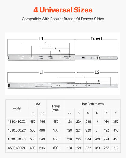 VEVOR Drawer Cabinet Slides Side Mount 22 inch 10 Pairs 100 LB Load Replacement