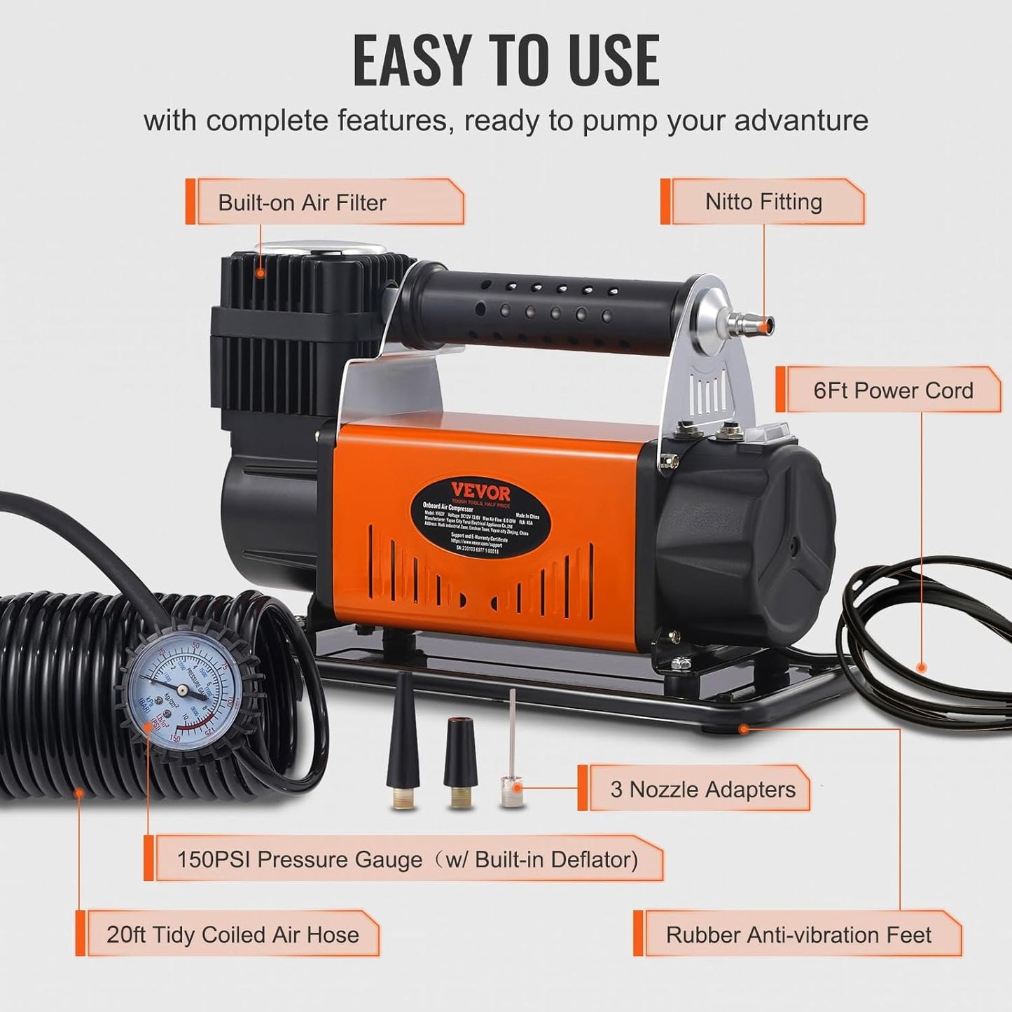 VEVOR 12V Air Compressor Heavy Duty 150PSI Offroad Air Compressor Portable Truck Tire Inflator 6.0CFM Air Pump for Jeep SUV 4x4 Vehicle RV For up to 35 Inch Tires