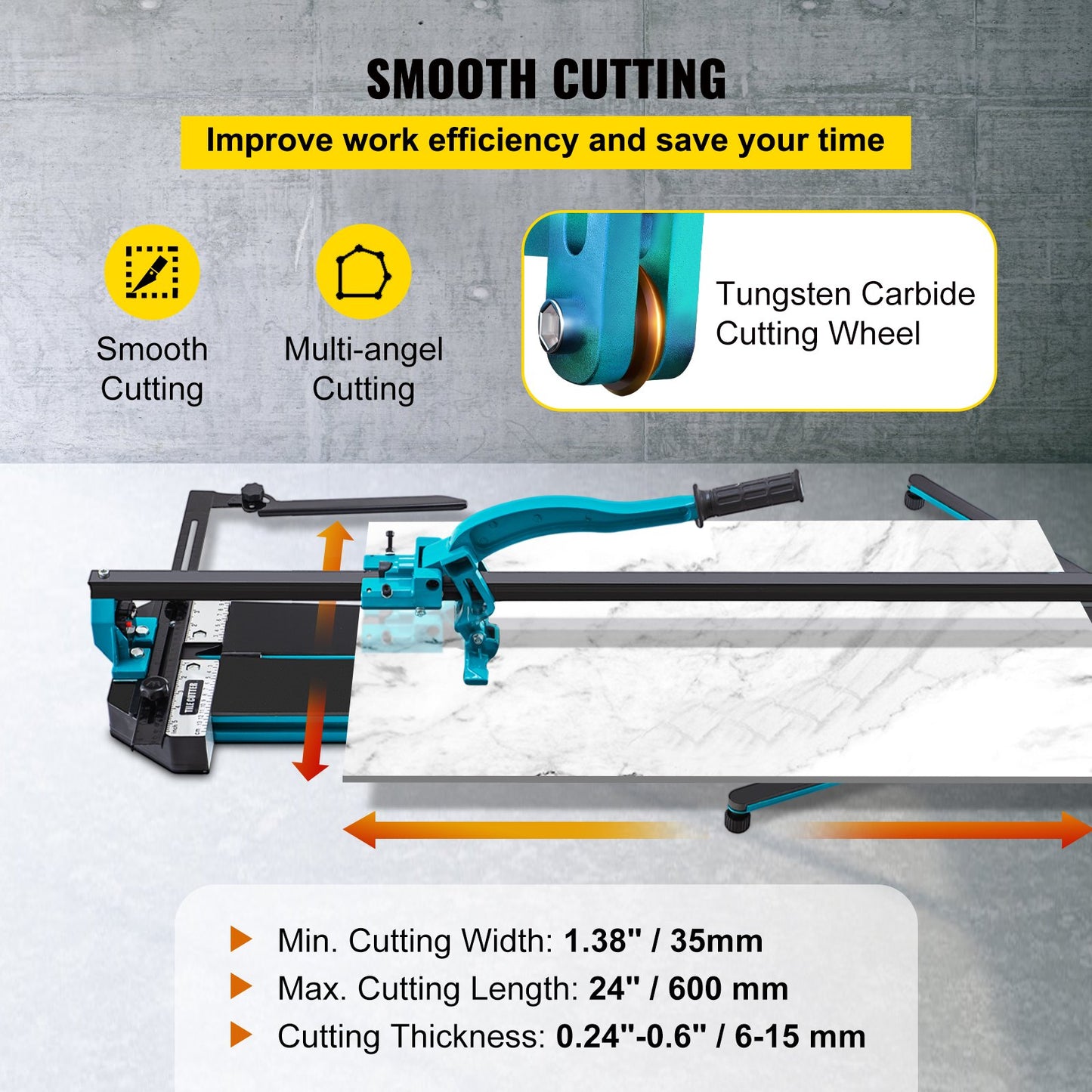 VEVOR Tile Cutter 24in Cutting Tool w/ Laser Guide Single Rail Double Brackets