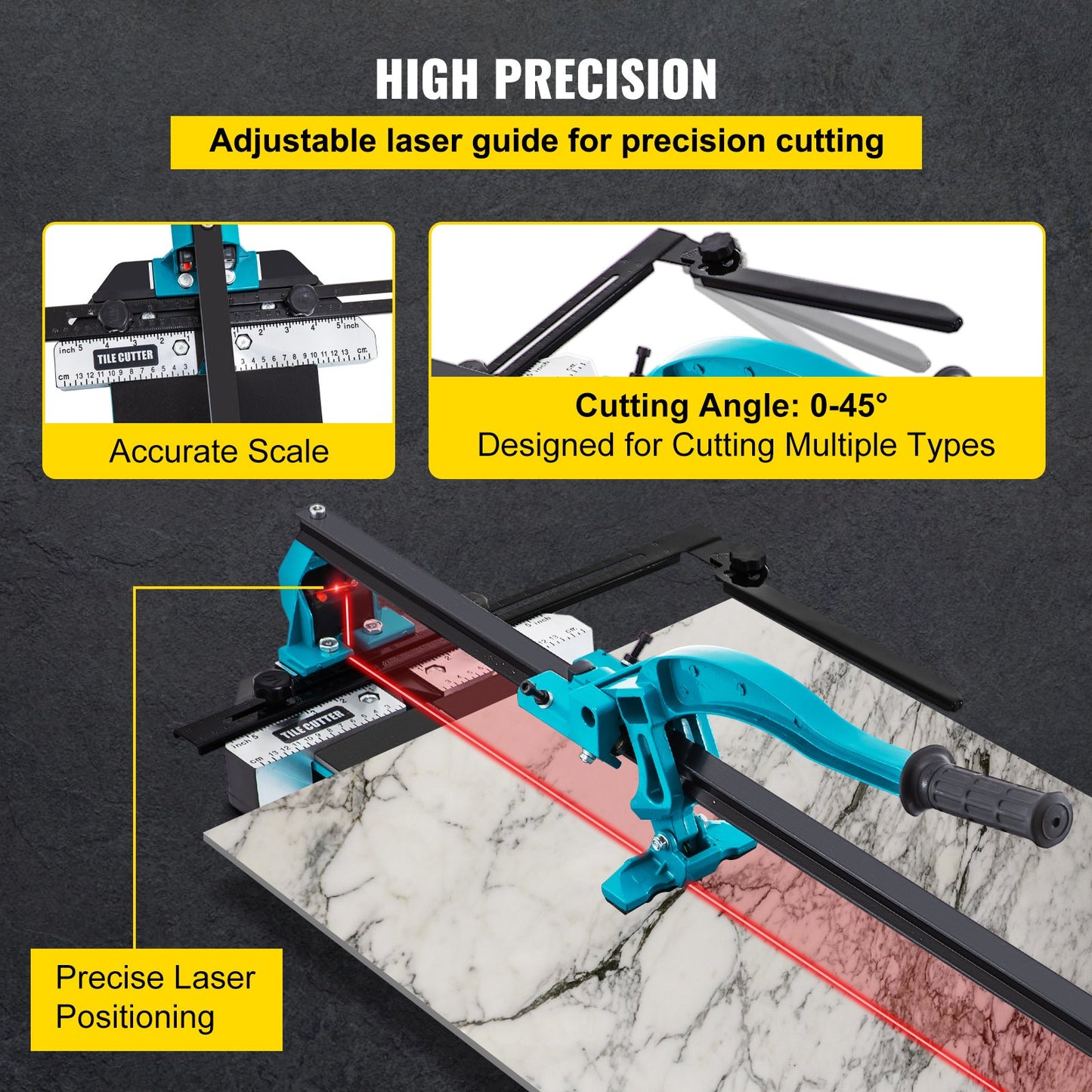 VEVOR Tile Cutter 24in Cutting Tool w/ Laser Guide Single Rail Double Brackets