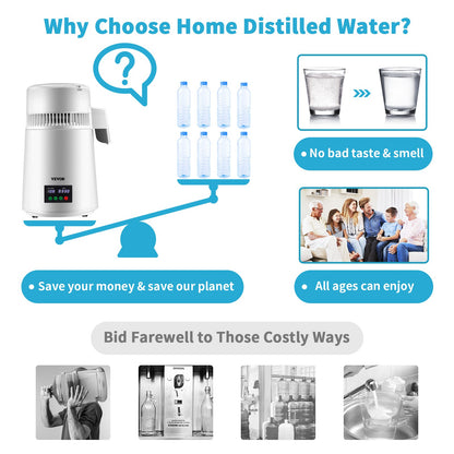 VEVOR 4L Water Distiller 1L/H Distilled Water Maker Timing & Temp Display White