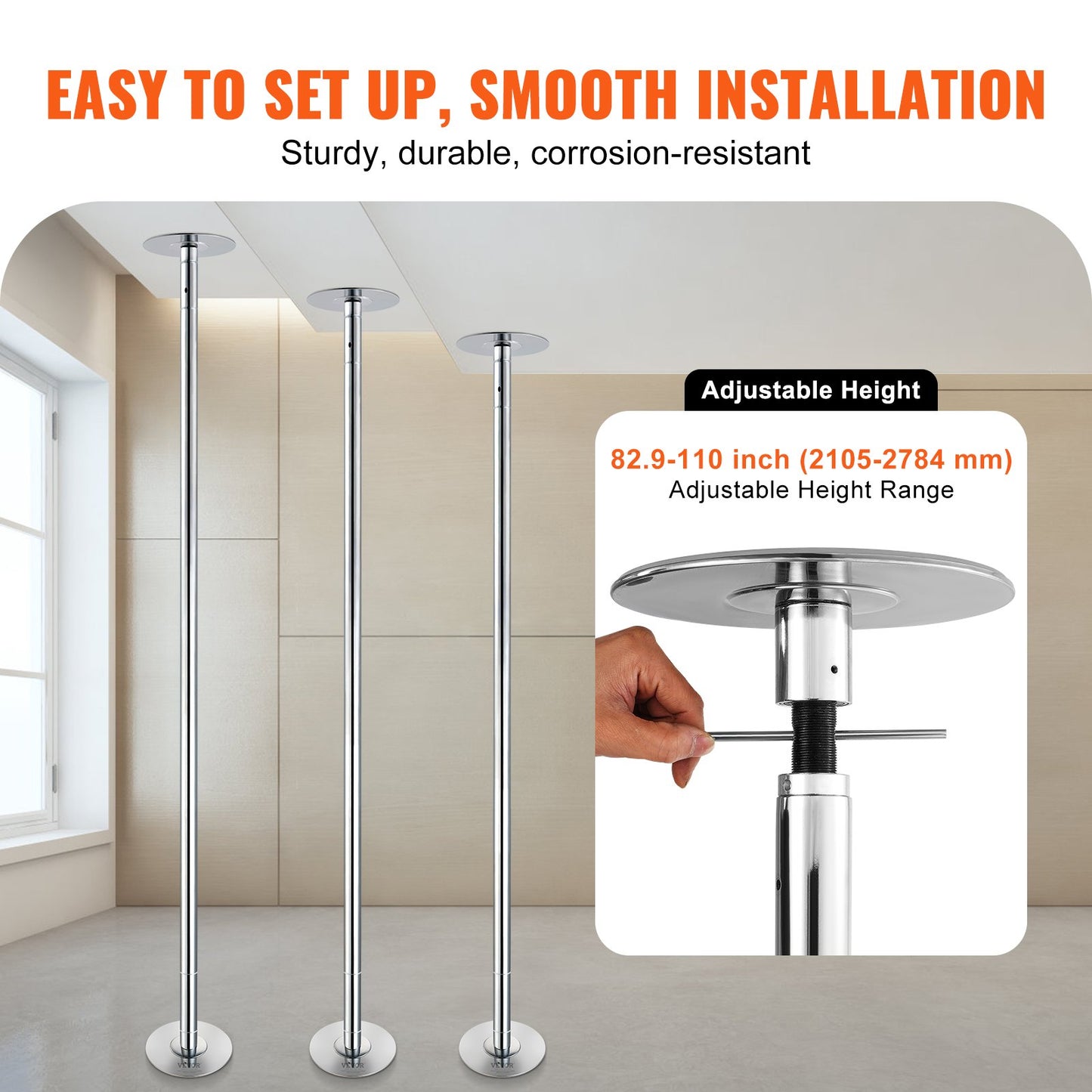 VEVOR Professional Dancing Pole, Spinning Static Dancing Pole Kit, Portable Removable Pole, 45mm Heavy-Duty Stainless Steel Pole, Height Adjustable Fitness Pole, for Exercise Home Club Gym, Silver