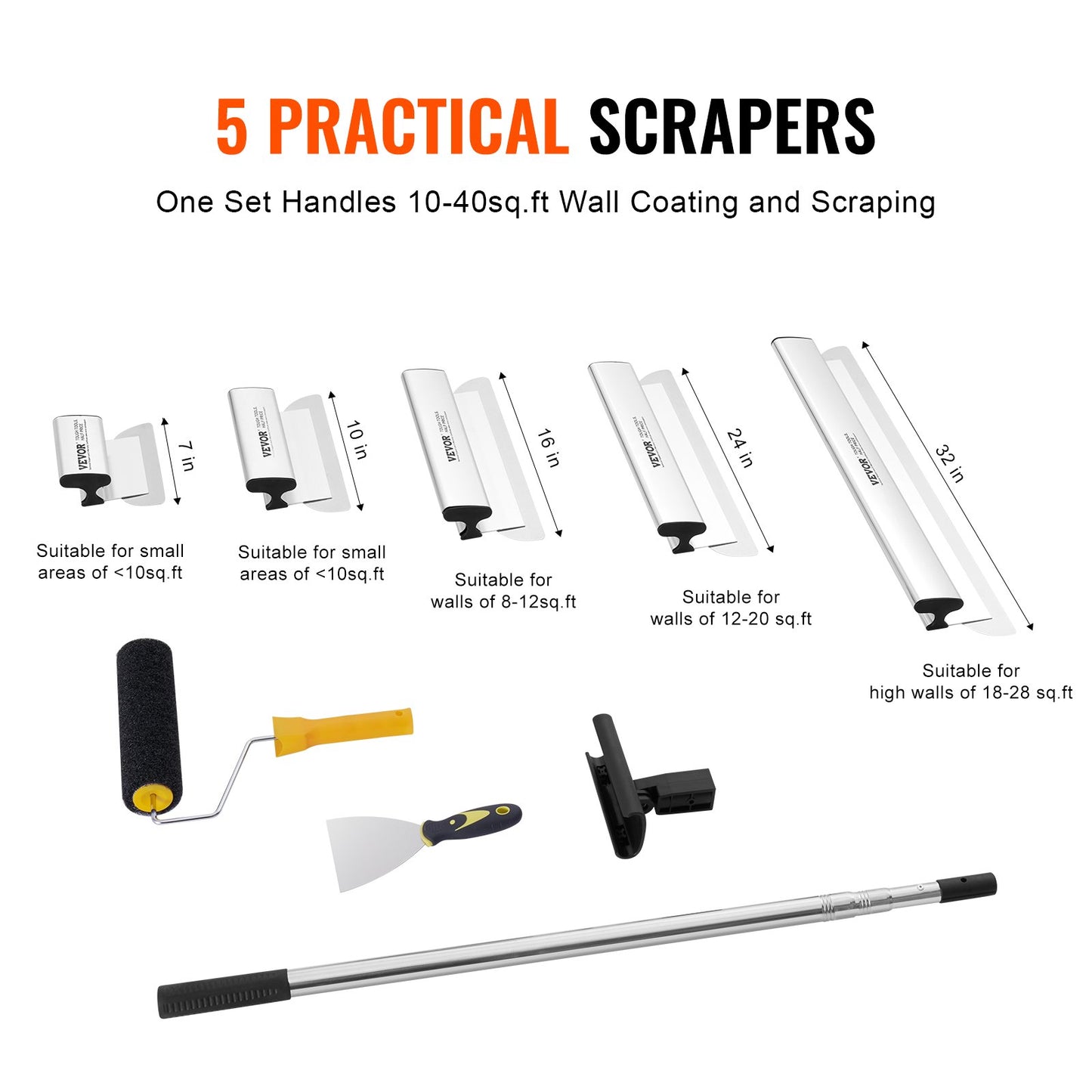 VEVOR Drywall Skimming Blade Set, 7/10/14/16/24 in Skimming Blades + 34 - 81.6 in Extension Handle Pole, Stainless Steel Knife Professional Skim Coat Tools, for Gyprock/WallBoard/Plasterboard