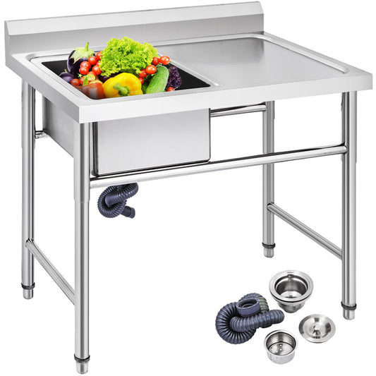 VEVOR Handmade Sink Non-magnetic Stainless Steel Kitchen Sink Hand Made 1 Compartment 40.6 x 39.4 x 25.4 cm Capacity Huge Tub Sink with Right Hand Platform for Farmhouse Cafe Shop Hospital