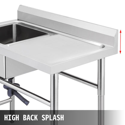 VEVOR Handmade Sink Non-magnetic Stainless Steel Kitchen Sink Hand Made 1 Compartment 40.6 x 39.4 x 25.4 cm Capacity Huge Tub Sink with Right Hand Platform for Farmhouse Cafe Shop Hospital