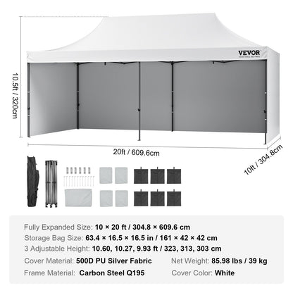 Pop Up Canopy Tent Outdoor Gazebo Tent 10x20FT with Sidewalls & Bag White