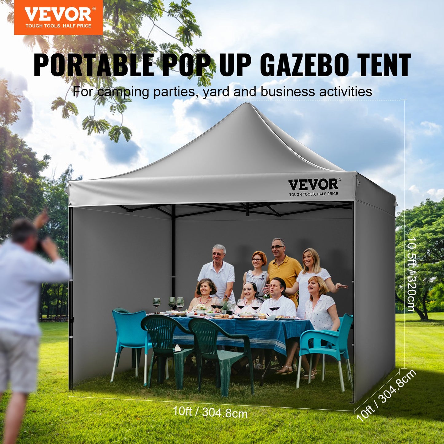 304.8 x 304.8 cm Pop up Canopy with Removable Sidewalls, Instant Canopies Portable Gazebo & Wheeled Bag, UV Resistant Waterproof, Enclosed Canopy Tent for Outdoor Events, Patio, Backyard, Party