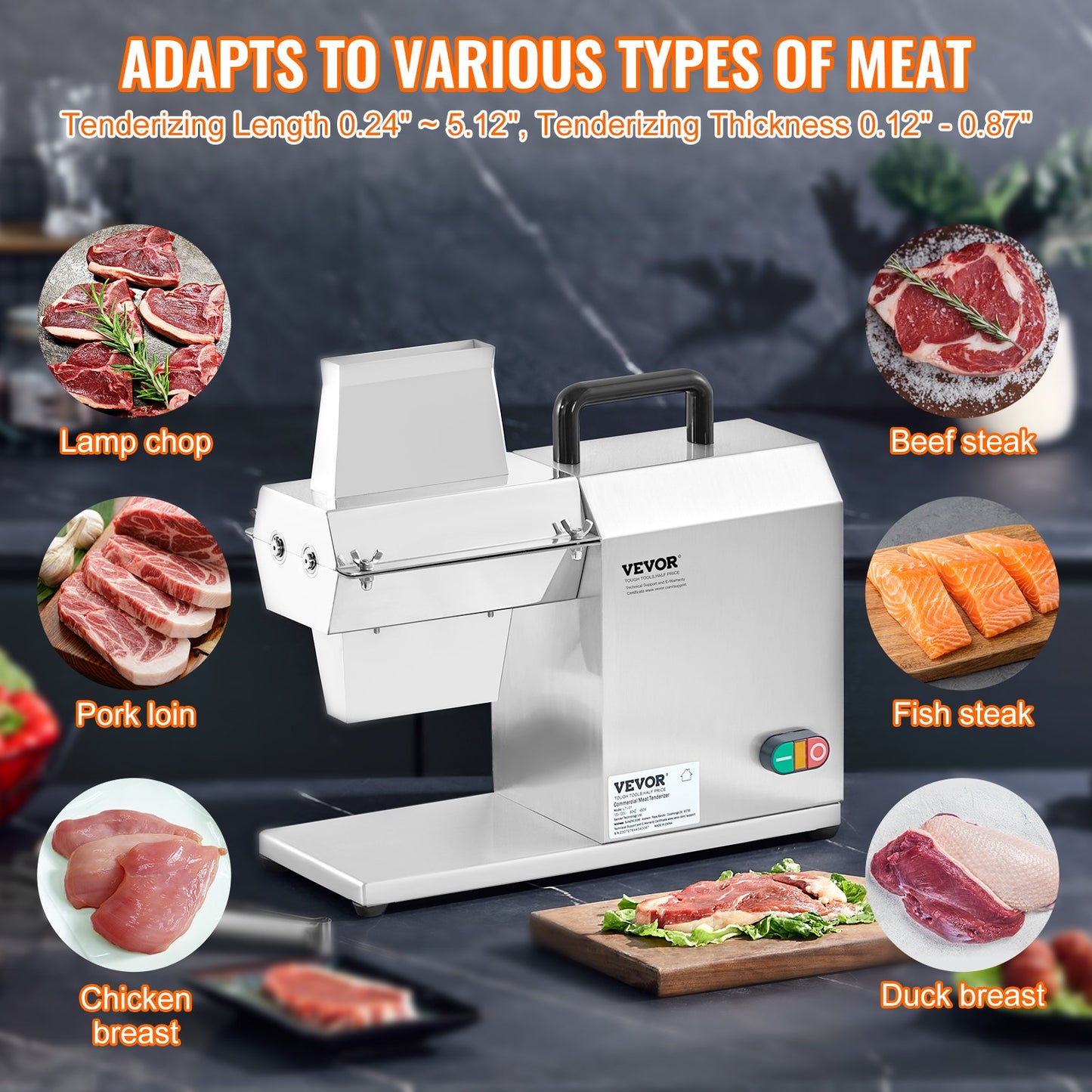 VEVOR Commercial Meat Tenderizer, Heavy Duty Stainless Steel Kitchen Tool with Handle, Meat Tong, and Cleaning Brush, 450W Electric Meat Tenderizer Machine for Beef, Turkey, Chicken, Pork, and Fish