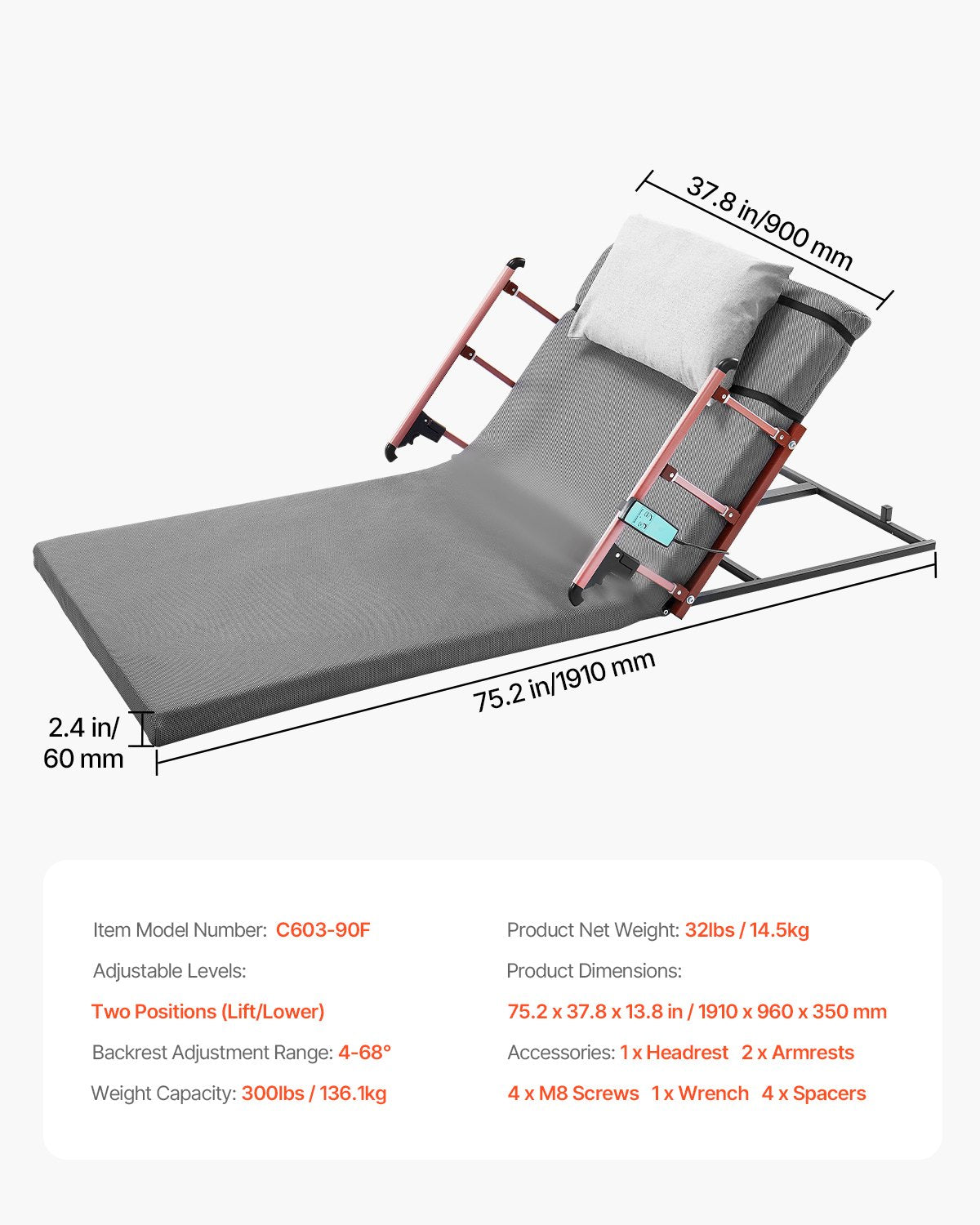 VEVOR Electric Lifting Backrest 136 kg 4-68° Adjustable with Folable Guardrail, 1910 x 960 mm