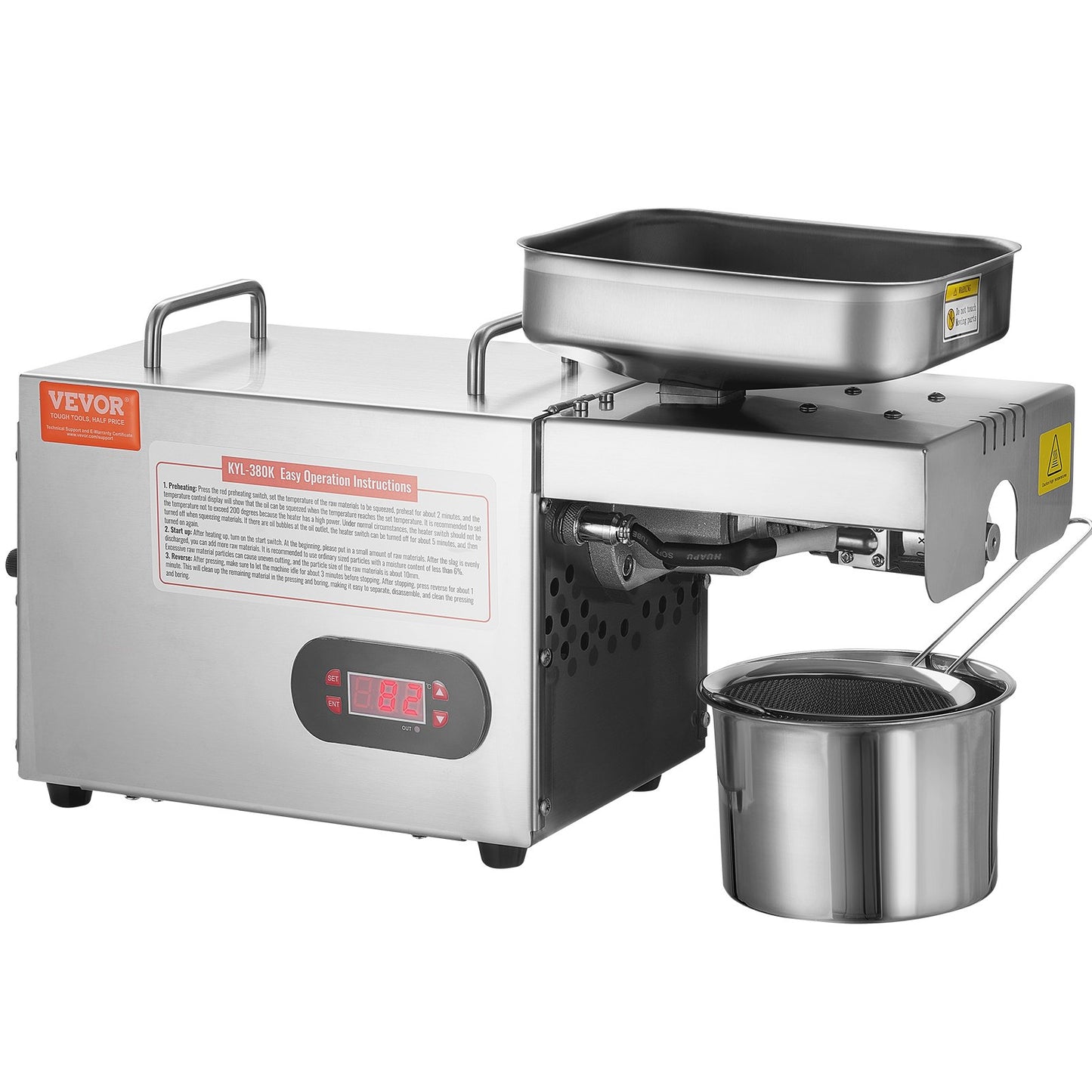 VEVOR Electric Oil Press Machine, 850W Stainless Steel Oil Extractor Machine, Adjustable Temperature, Hot Press Oil Expeller for Pressing Peanuts, Sesame Seeds, Rapeseed, Tea Seeds
