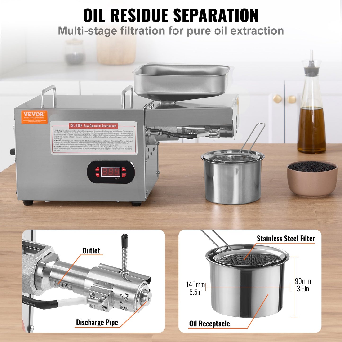 VEVOR Electric Oil Press Machine, 850W Stainless Steel Oil Extractor Machine, Adjustable Temperature, Hot Press Oil Expeller for Pressing Peanuts, Sesame Seeds, Rapeseed, Tea Seeds