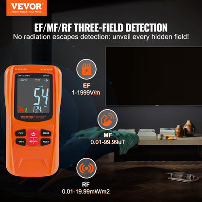 VEVOR 3-in-1 EMF Meter, 5Hz-6GHz, Handheld Rechargeable Electromagnetic Field Radiation Detector, Digital LCD EMF Tester for EF MF RF Home Inspections Outdoor Ghost Hunting 5G Cell Tower Temperature