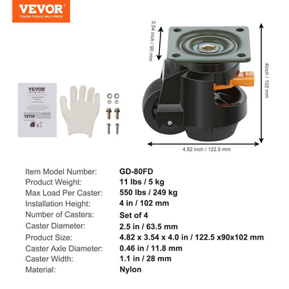 VEVOR Leveling Casters, Set of 4, 1000 kg Total Load Capacity, 63.5 mm, Heavy Duty with Upgraded Handle Design, 360 Degree Swivel Caster Wheels, Adjustable Casters with Feet for Workbench, Machine