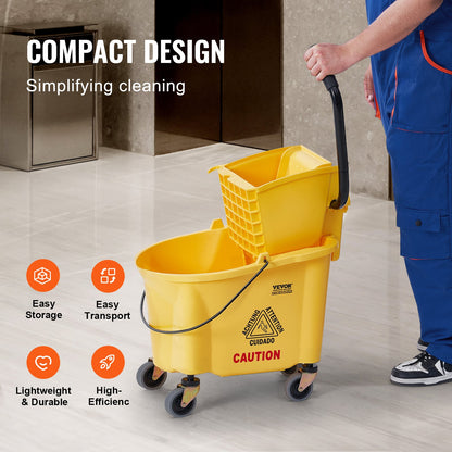 VEVOR Mop Bucket with Wringer, 26 Qt. Commercial Mop Bucket with Side Press Wringer, Side-Press Mop Bucket and Wringer Combo on Wheels, for Professional/Industrial/Business Floor Cleaning, Yellow