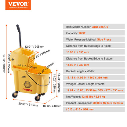 VEVOR Mop Bucket with Wringer, 26 Qt. Commercial Mop Bucket with Side Press Wringer, Side-Press Mop Bucket and Wringer Combo on Wheels, for Professional/Industrial/Business Floor Cleaning, Yellow