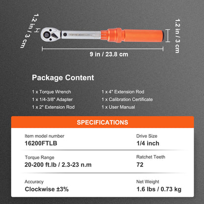 VEVOR Torque Wrench Adjustable Torque Wrench 1/4" Drive 20-200in.lb/2.3-23Nm