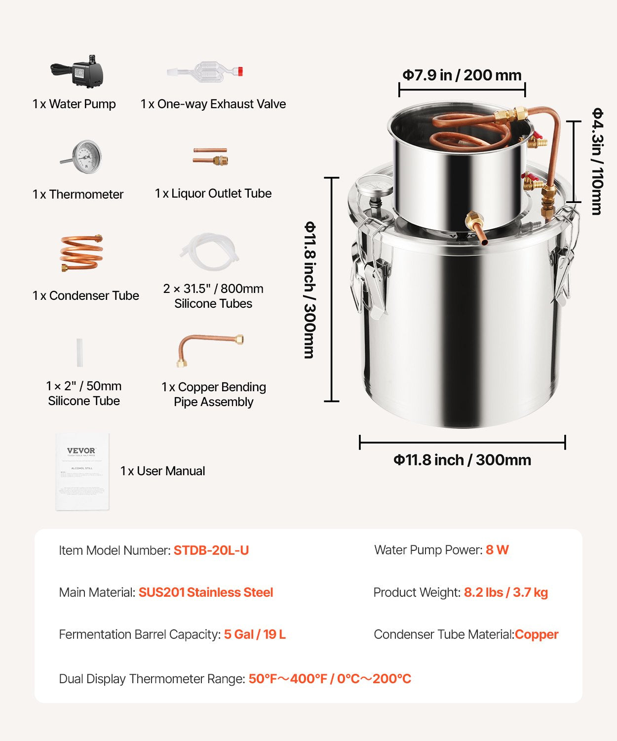 VEVOR Moonshine Still 5 Gal Water Alcohol Distiller Brewing Kit Stainless Steel