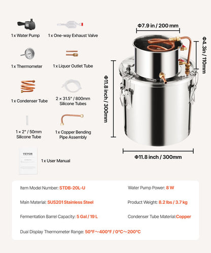 VEVOR Moonshine Still 5 Gal Water Alcohol Distiller Brewing Kit Stainless Steel
