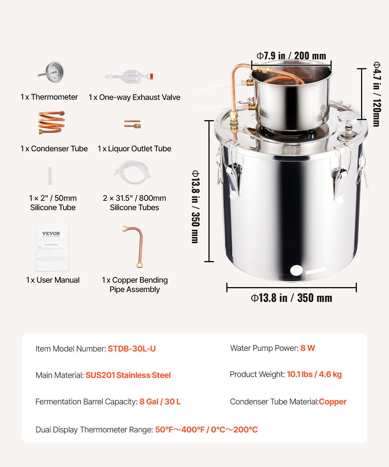 VEVOR Moonshine Still 8 Gal Water Alcohol Distiller Brewing Kit Stainless Steel